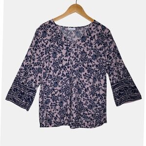 J Jill Blouse Womens Medium Pink Blue Floral Boho Rayon Tunic Top 3/4 Sleeve